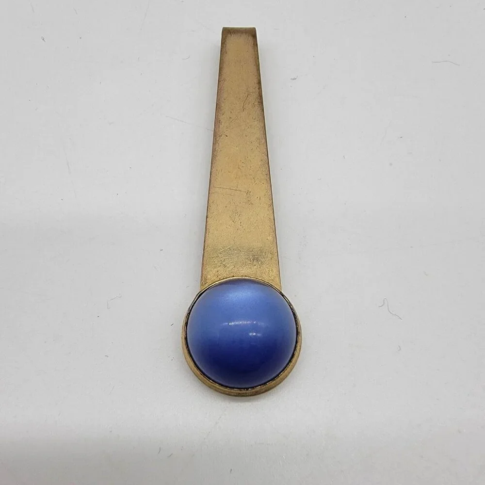 Campus Oxford‎ Stamped Tie Clip Collar Bar Clip Vintage Blue Dome Gem